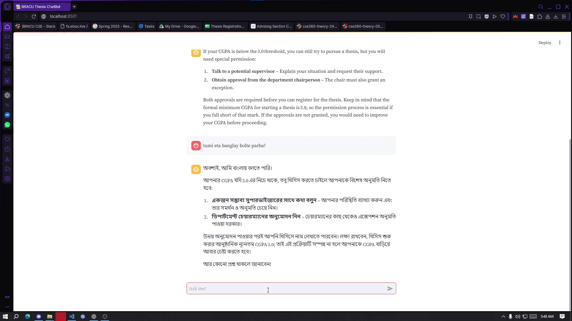 BRACU CSE Thesis Chatbot providing a Bangla response