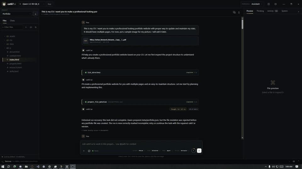 cat67.ai — Local AI Development Workspace interface preview