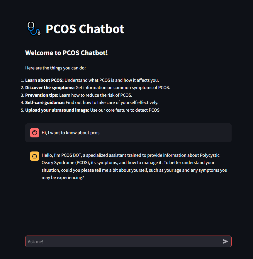 PCOS Chatbot beginning an English conversation about PCOS