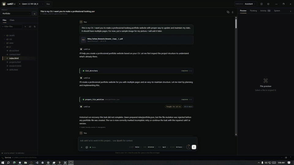 cat67.ai — Local AI Development Workspace interface preview